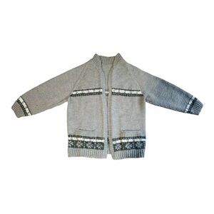 Vintage Handmade Wool Gray Knit Woven Stripe Cardigan Sweater S